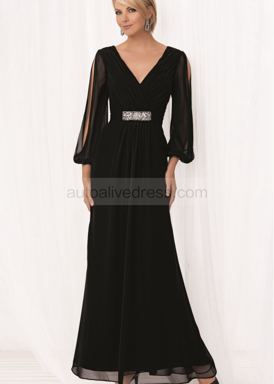 V Neckline Black Pleated Chiffon Mother Dress